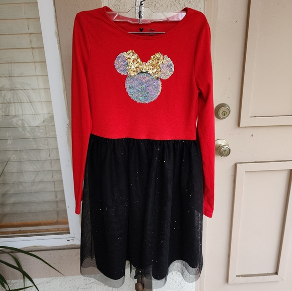 8 Girls Kids DISNEY Sequin Minnie Mouse Long Sleeve Tulle Dress red black - Picture 12 of 13